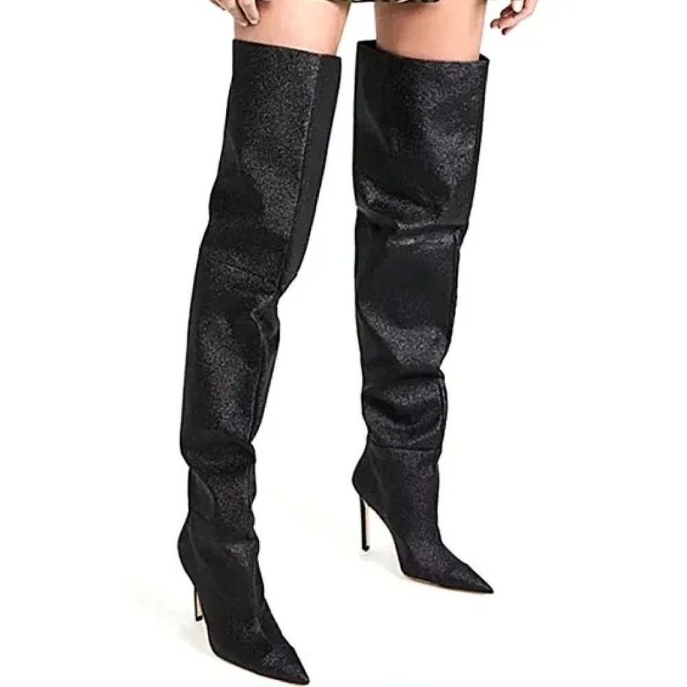 GOOD AMERICAN | BLACK GLITTER THIGH HIGH BOOT | Black